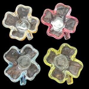 Vintage Glass Shamrock 4 Leaf Clover Ashtray Lot of 4 Nut Dish Trinket MCM
